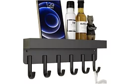 Nástenná magnetická polica s vešiakmi – 6 háčikov