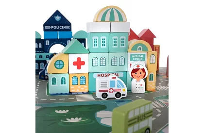 Drevené kocky mesto 100 ks s podložkou a triedičom tvarov