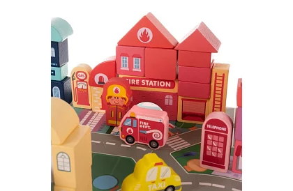 Drevené kocky mesto 100 ks s podložkou a triedičom tvarov