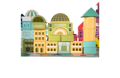 Drevené kocky mesto 100 ks s podložkou a triedičom tvarov