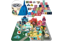 Drevené kocky mesto 100 ks s podložkou a triedičom tvarov