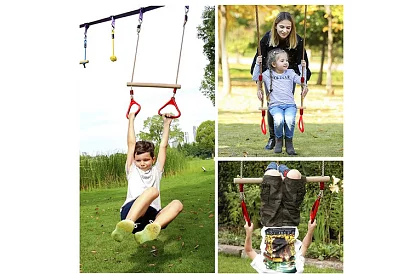 Detská závesná hojdačka s hrazdou na lanách – 2v1