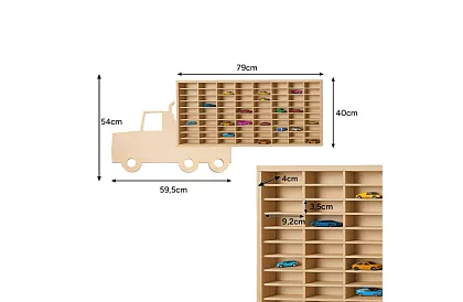 Kamión drevená polička – organizér na autíčka – 80 priehradiek