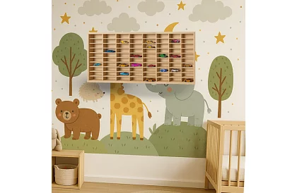 Kamión drevená polička – organizér na autíčka – 80 priehradiek