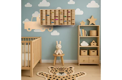 Kamión drevená polička – organizér na autíčka – 80 priehradiek