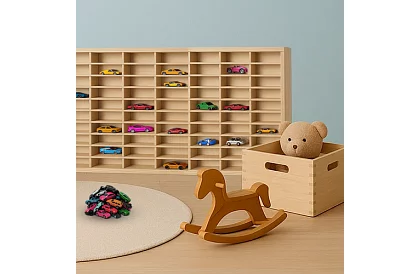 Kamión drevená polička – organizér na autíčka – 80 priehradiek