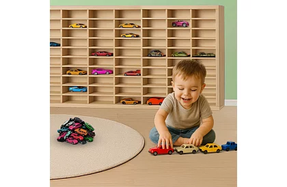 Kamión drevená polička – organizér na autíčka – 80 priehradiek