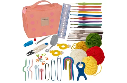 Sada na háčkovanie v puzdre s doplnkami – 58 dielov