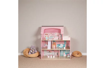 Drevený domček pre bábiky s LED osvetlením + nábytok a doplnky