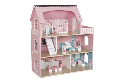 Drevený domček pre bábiky s LED osvetlením + nábytok a doplnky