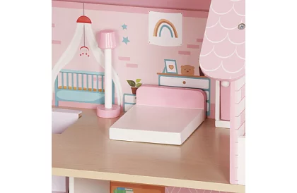 Drevený domček pre bábiky s LED osvetlením + nábytok a doplnky