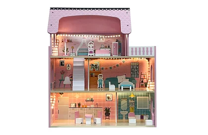 Drevený domček pre bábiky s LED osvetlením + nábytok a doplnky