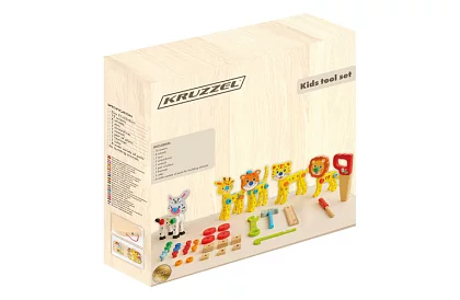 Drevená bedňa s náradím a zvieratkami - skrutkovacie prvky