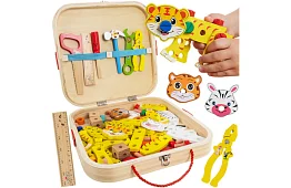 Drevená bedňa s náradím a zvieratkami - skrutkovacie prvky