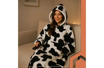 Oversize teplá dlhá mikina – čiernobiely cow design