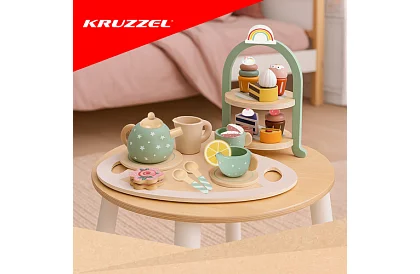 Veľká drevená zelená čajová súprava + stojan na torty