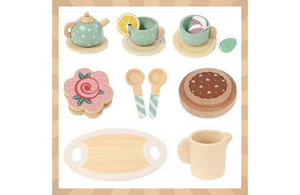 Veľká drevená zelená čajová súprava + stojan na torty