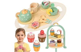 Veľká drevená zelená čajová súprava + stojan na torty