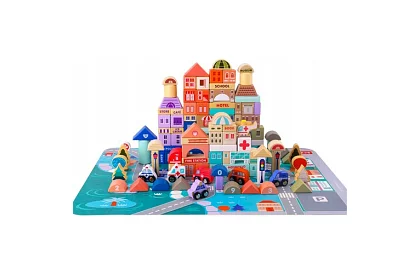 Drevené kocky – Mesto 115 ks s podložkou