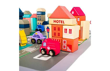 Drevené kocky – Mesto 115 ks s podložkou