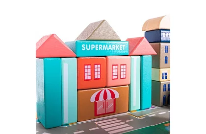 Drevené kocky – Mesto 115 ks s podložkou