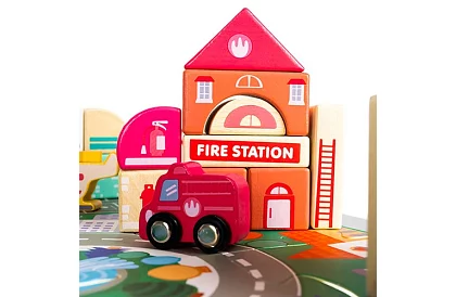 Drevené kocky – Mesto 115 ks s podložkou