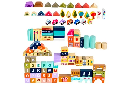 Drevené kocky – Mesto 115 ks s podložkou