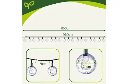 Dekoratívny vonkajší solárny reťazec Balls – 10 metrov, teplá biela