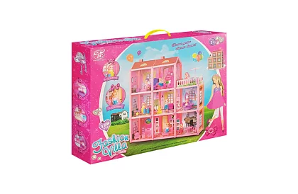 Trojposchodový domček pre bábiky s balkónom + bábika + 22 kusov nábytku