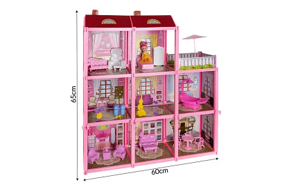 Trojposchodový domček pre bábiky s balkónom + bábika + 22 kusov nábytku