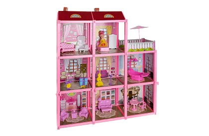 Trojposchodový domček pre bábiky s balkónom + bábika + 22 kusov nábytku