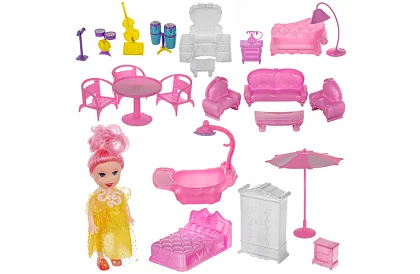 Trojposchodový domček pre bábiky s balkónom + bábika + 22 kusov nábytku