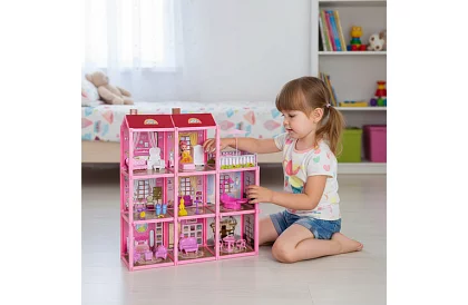 Trojposchodový domček pre bábiky s balkónom + bábika + 22 kusov nábytku