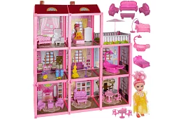 Trojposchodový domček pre bábiky s balkónom + bábika + 22 kusov nábytku