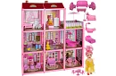Trojposchodový domček pre bábiky s balkónom + bábika + 22 kusov nábytku