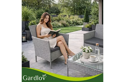 Záhradná sada nábytku – stôl, pohovka, 2 stoličky – šedá