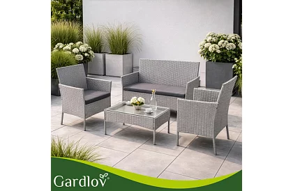 Záhradná sada nábytku – stôl, pohovka, 2 stoličky – šedá