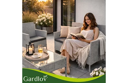 Záhradná sada nábytku – stôl, pohovka, 2 stoličky – šedá