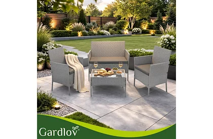 Záhradná sada nábytku – stôl, pohovka, 2 stoličky – šedá