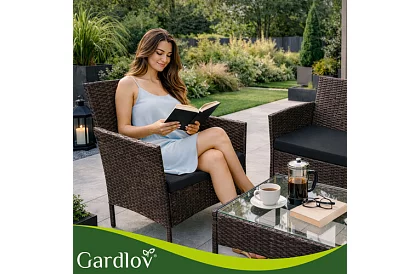 Záhradná sada nábytku – stôl, pohovka, 2 stoličky – hnedá