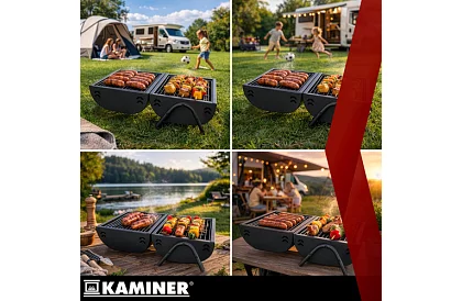 Kempingový gril na drevené uhlie – 2 rošty, teplomer