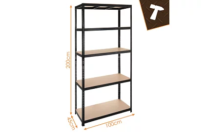 Skladový čierny regál – 5 políc, 220 × 100 × 45 cm
