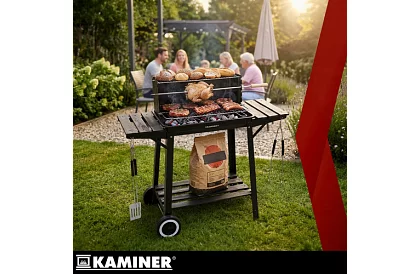 Záhradný gril na drevené uhlie s horným roštom na grilovanie