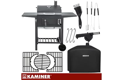 Záhradný gril s liatinovým roštom, krytom - na drevené uhlie