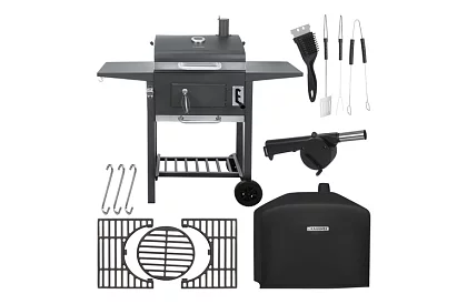 Záhradný gril s liatinovým roštom, krytom - na drevené uhlie