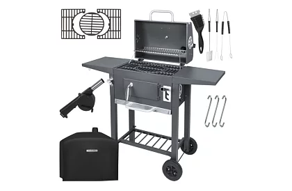 Záhradný gril s liatinovým roštom, krytom - na drevené uhlie