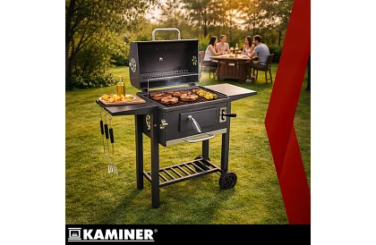 Záhradný gril s liatinovým roštom, krytom - na drevené uhlie