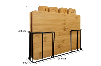 Sada 4 bambusových krájacích a servírovacích dosiek + stojan