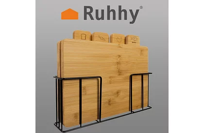 Sada 4 bambusových krájacích a servírovacích dosiek + stojan