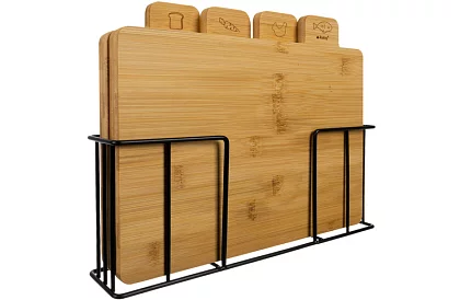 Sada 4 bambusových krájacích a servírovacích dosiek + stojan